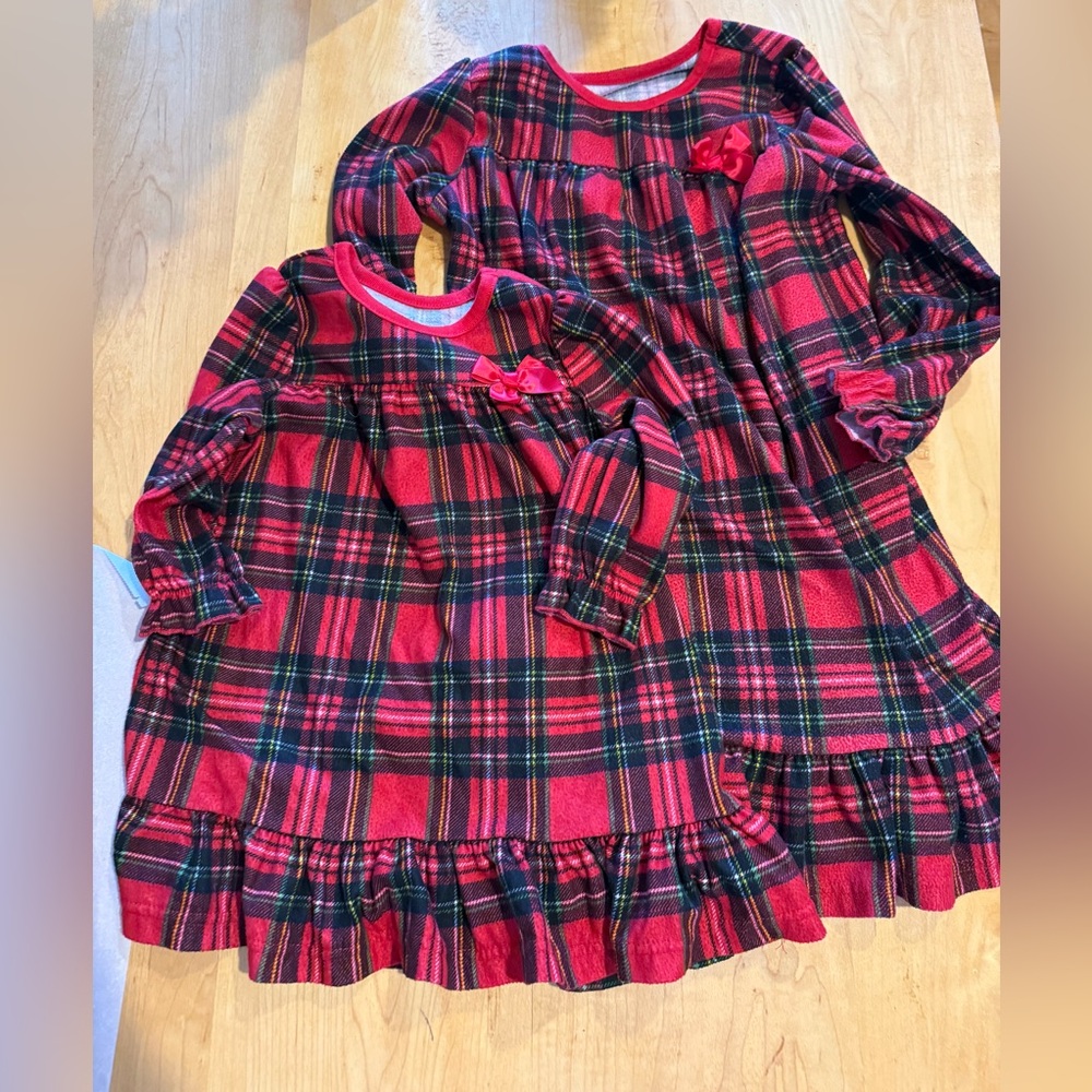 Red Plaid Ruffle girls night gowns sister set 6x 2t